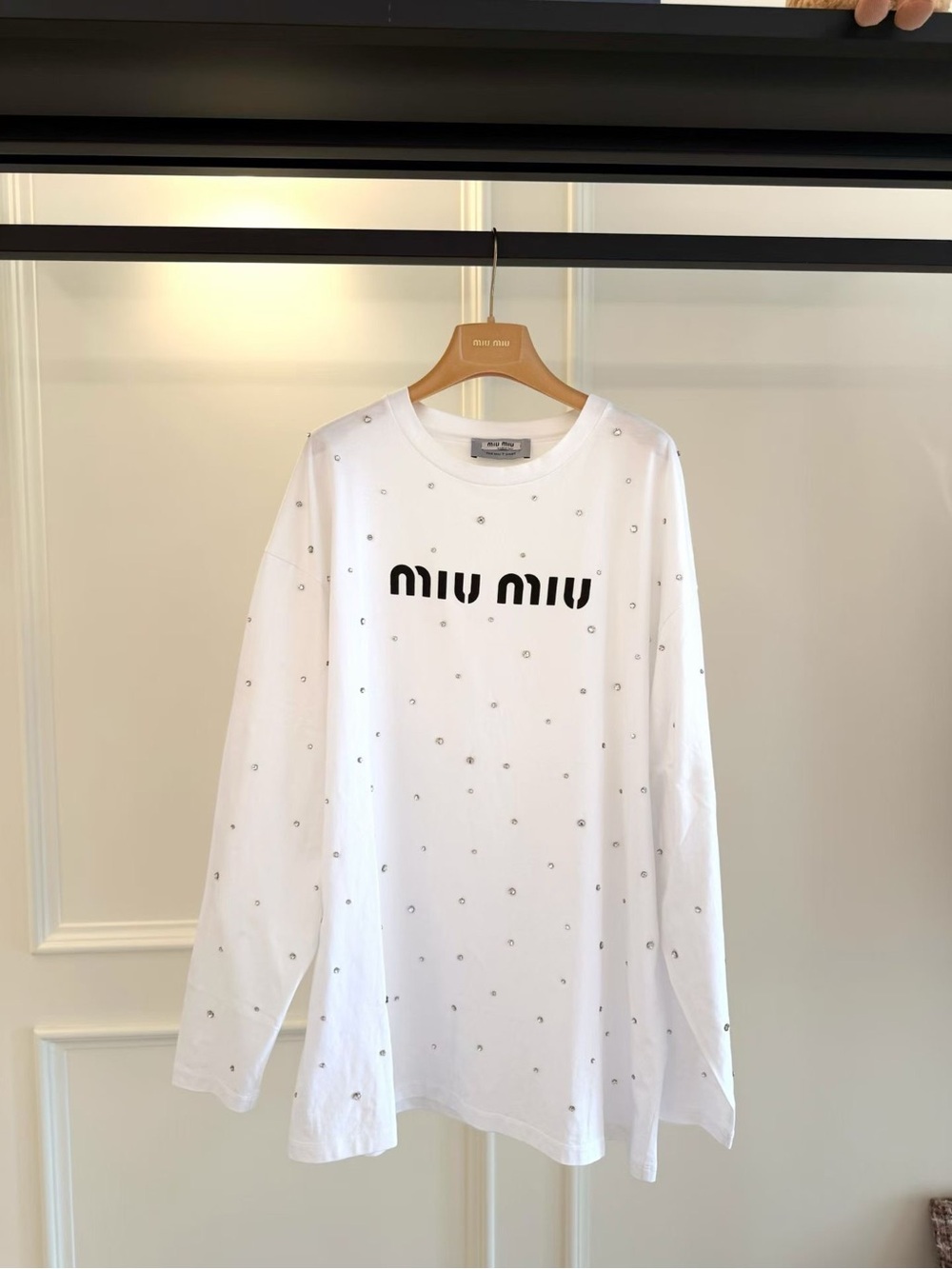 Miu Miu White Long Sleeve Tee with Black Logo and Crystal Embellishments